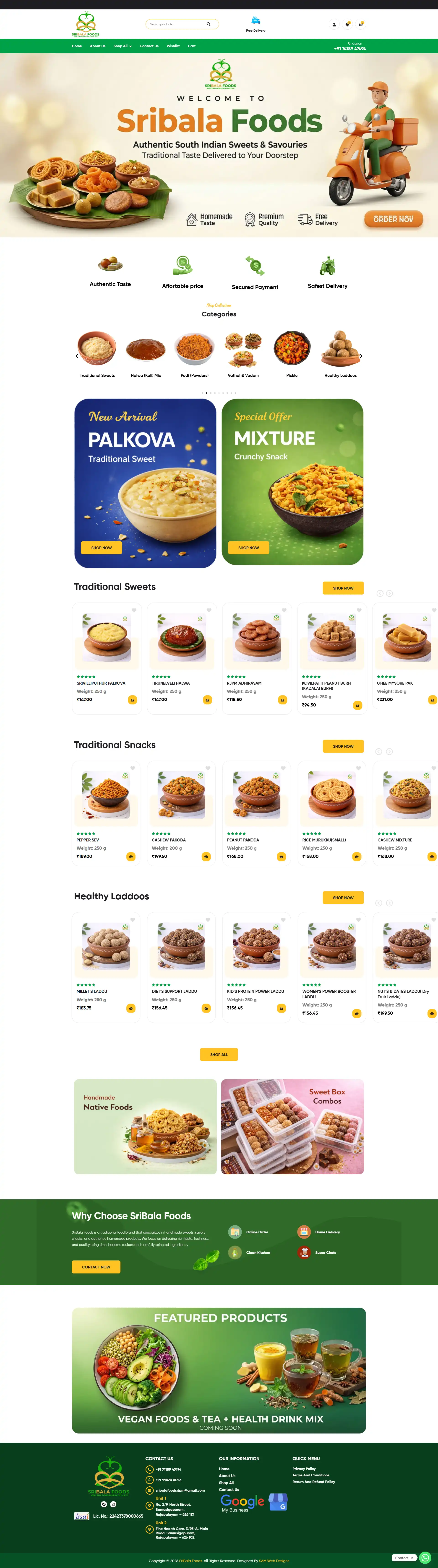 Sri Bala Foods company website design and development by Sam Web Designs Chennai