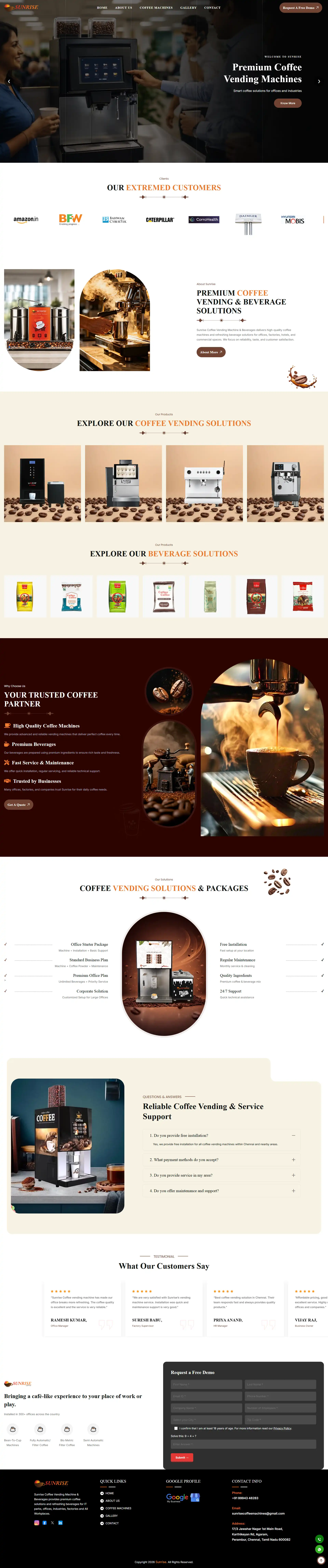 Sunrise Coffee Vending Solutions company website design by Sam Web Designs Chennai